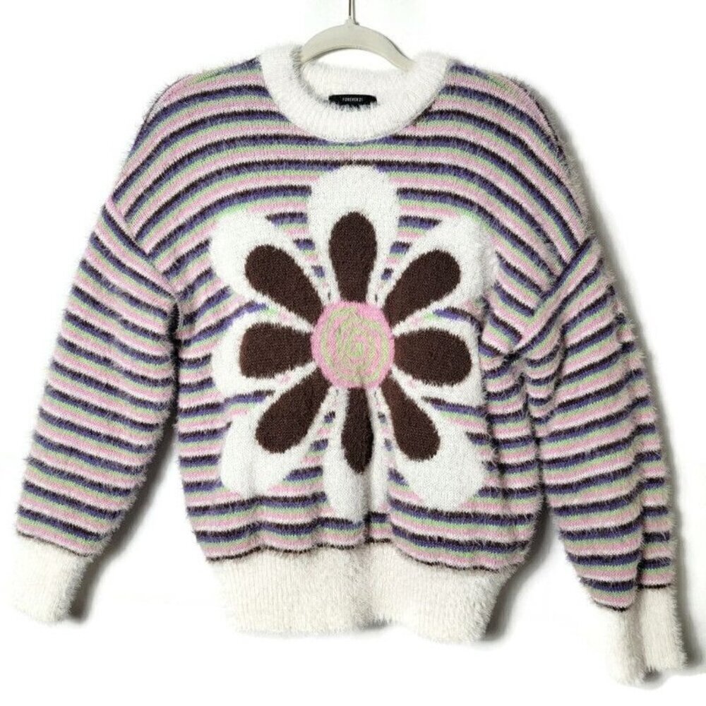 Forever 21 Fuzzy Striped Groovy Floral Graphic Thick Crew Neck Sweater Small